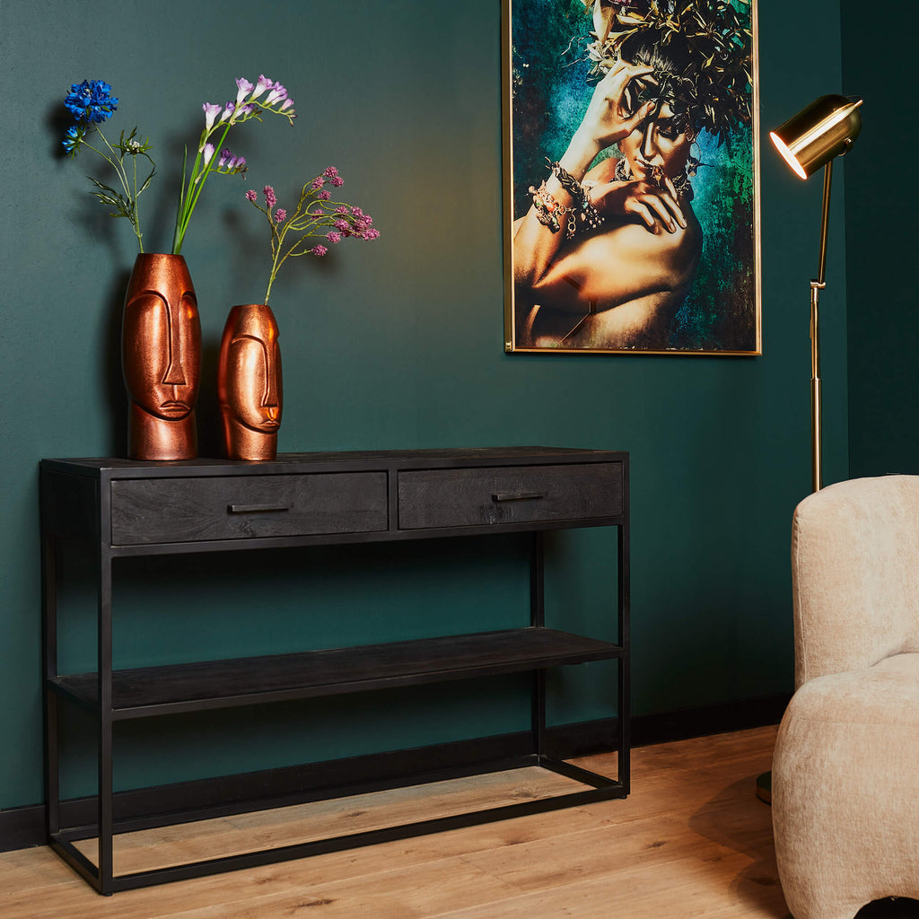 Beistelltisch Sydney – Mangoholz & Metall Schwarz, 120 x 35 x 76 cm, mit 2 Schubladen & Regal im Industriedesign