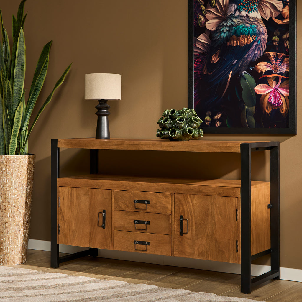 Sideboard Bori Natur – Mangoholz Kommode mit Metallgestell 135×45×80 cm