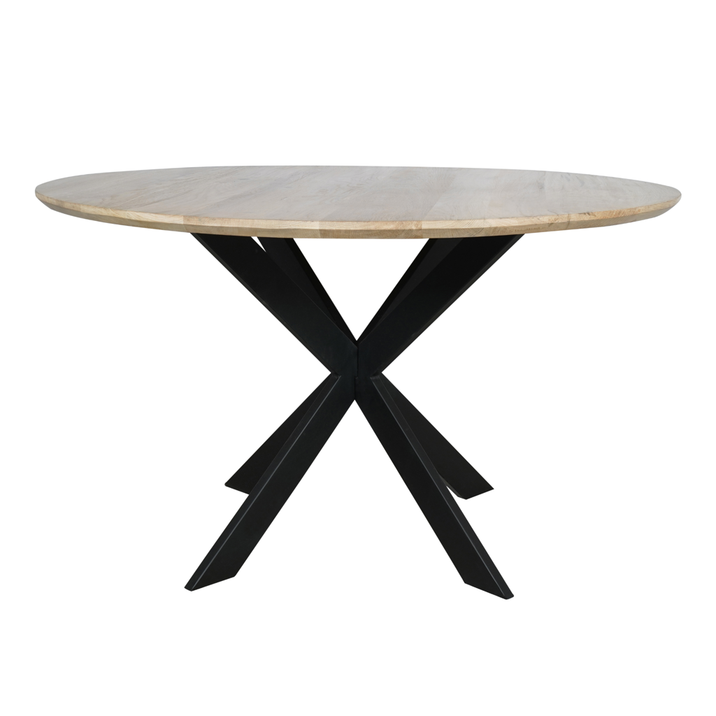 Esstisch Evoque Natur – runde FSC-Eiche Ø110 cm, 3 cm Platte mit Schweizer Kante, Gestell in Schwarz