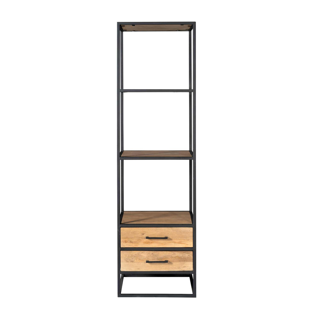Bücherregal Delta Natur – Mangoholz Regal mit 2 Schubladen & Ablagen, 55×45×200 cm, Metallrahmen schwarz