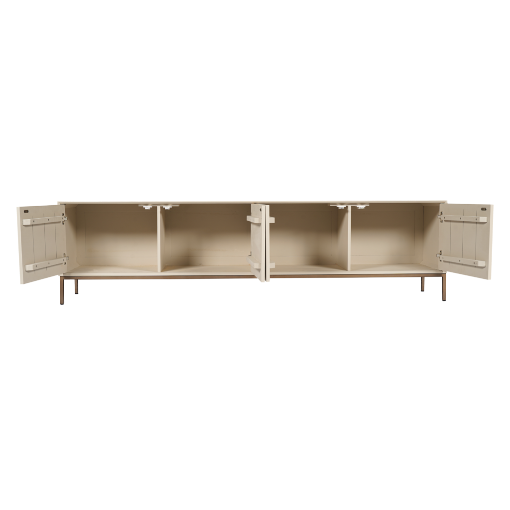 TV-Board Mandy Sand – Mangoholz mit Lattenmuster & Bronze-Gestell, 210 x 45 x 55 cm