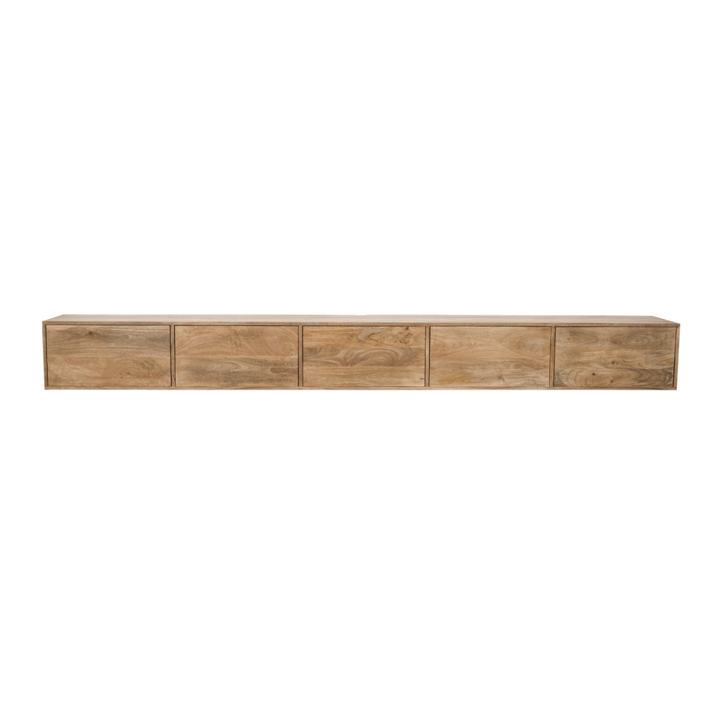 Schwebendes TV-Board Vision 280x35x30 cm – Massives Mangoholz mit Push-to-Open System & grifflosen Türen
