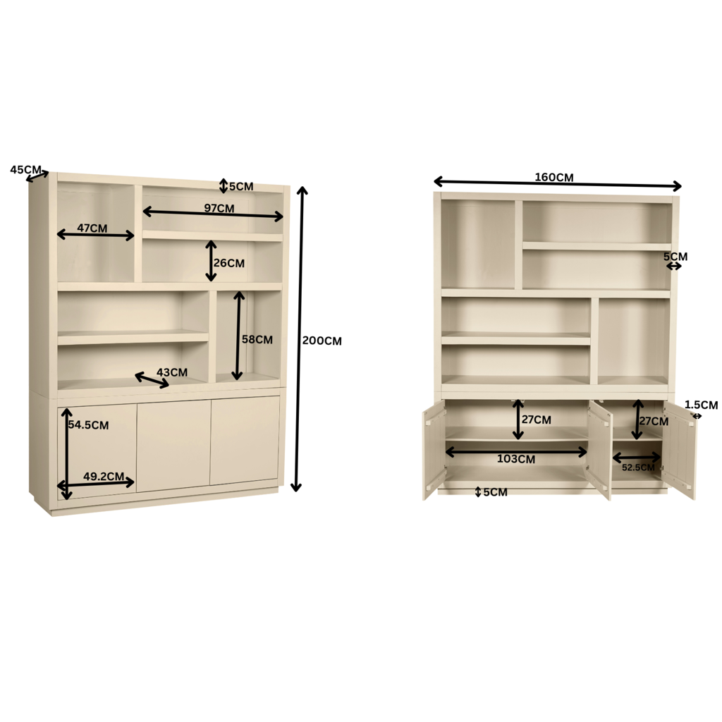 Bücherregal Bali 90x45x200 cm – Mangoholz Regal mit Sand-Finish, offenen Fächern & grifflosen Türen