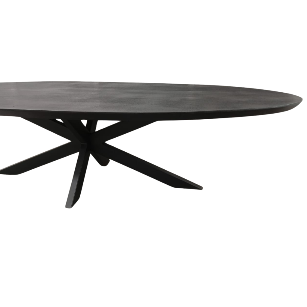 Esstisch Jacky Schwarz – Ovaler Mangoholztisch mit Metallgestell, 180 x 90 x 76 cm, moderne sandgestrahlte Tischplatte
