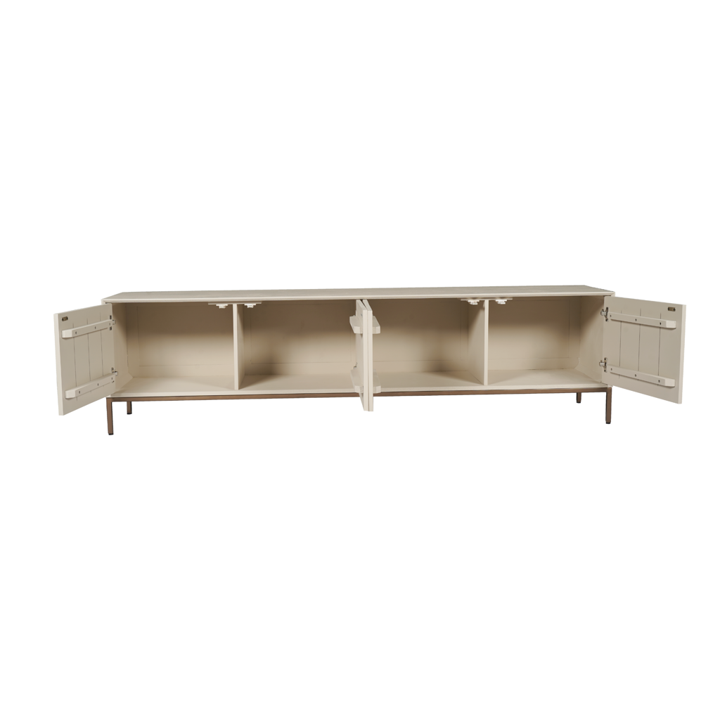 TV-Board Mandy Sand – Mangoholz sandgestrahlt mit bronzenem Metallgestell, grifflos mit Push-to-Open, 165 x 45 x 55 cm