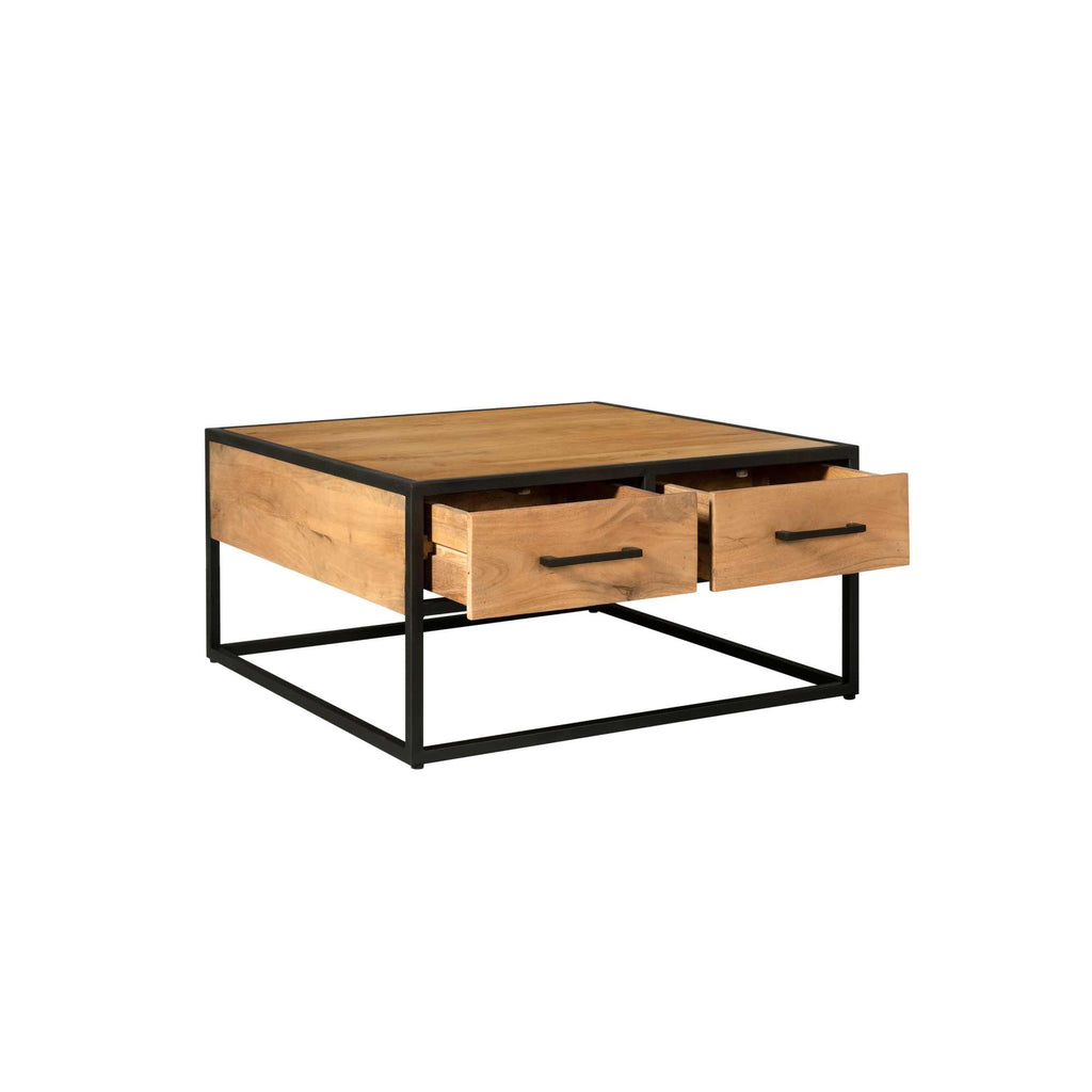 Couchtisch Delta Schwarz – Quadratischer Mangoholz-Tisch mit 4 Schubladen & Metallgriffen, 80 x 80 x 40 cm