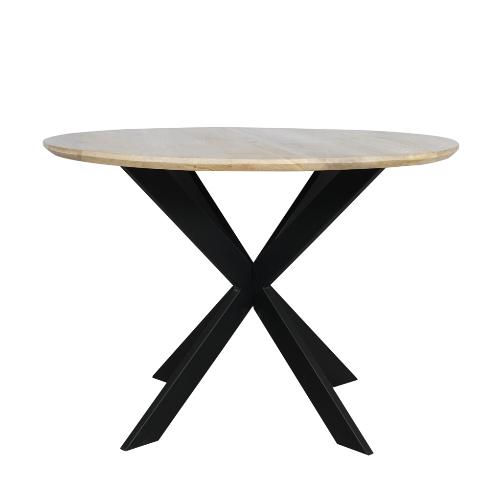 Esstisch Evoque Natur – runde FSC-Eiche Ø110 cm, 3 cm Platte mit Schweizer Kante, Gestell in Schwarz