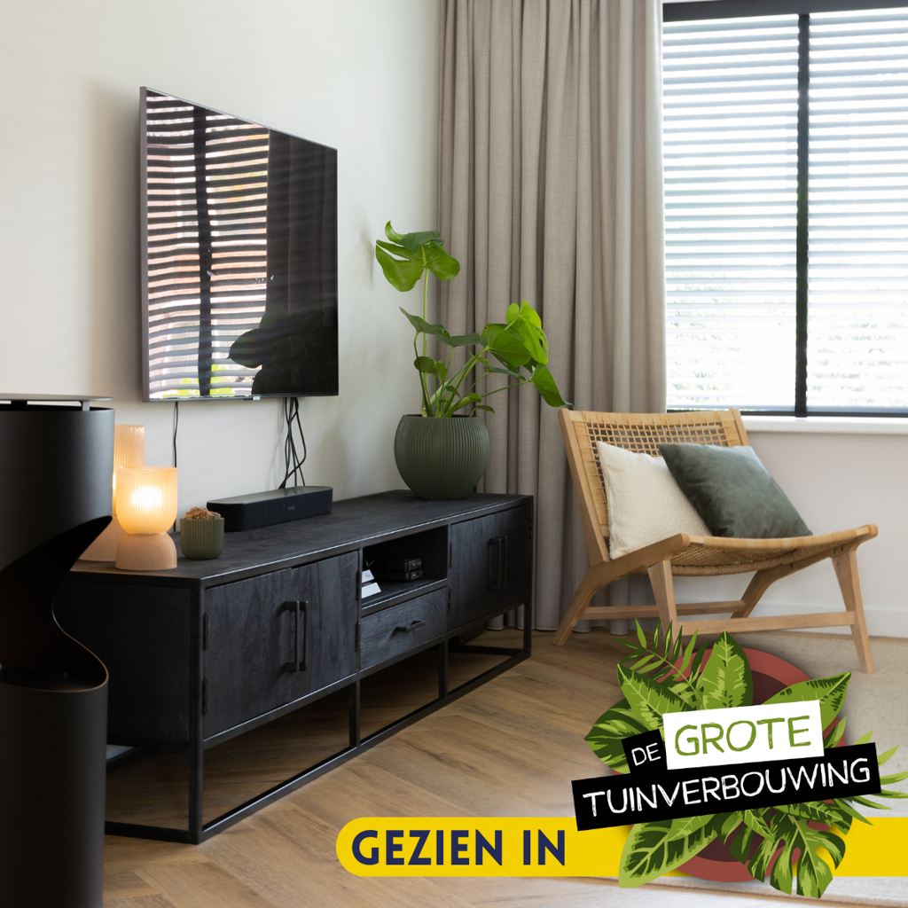 TV-Schrank Denver Schwarz 240 cm | Mangoholz und Stahl