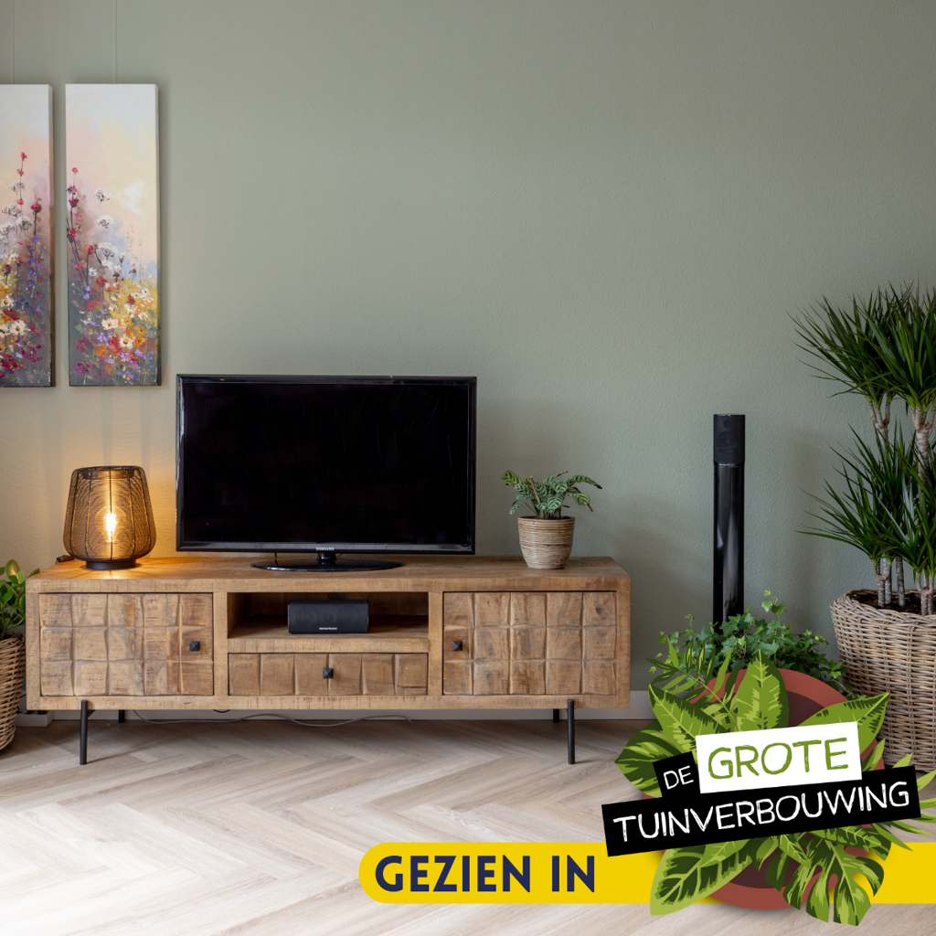 TV-Board Jacky – Mangoholz mit Blockmuster, 180 x 40 x 55 cm