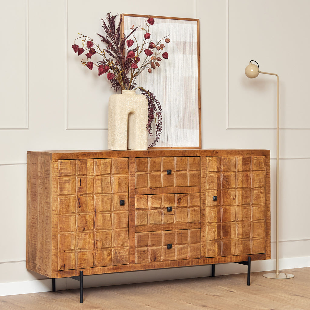 Sideboard Jacky – Mangoholz mit Metallbeinen, 2 Türen & 3 Schubladen, geschnitztes Blockmuster, 160 x 40 x 90 cm