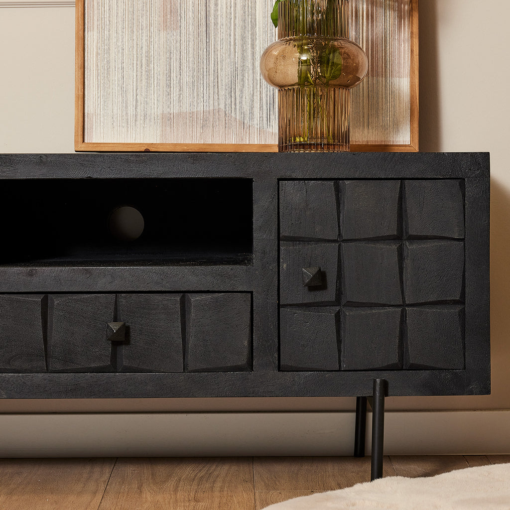TV-Board Jacky Schwarz – Mangoholz & Metall, 120 x 40 x 55 cm