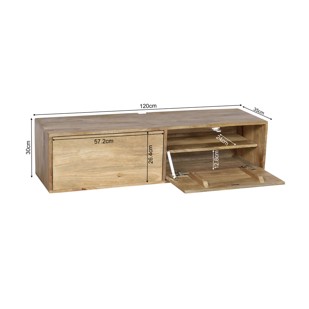 TV-Board Focus Naturel – Schwebendes Lowboard aus Mangoholz mit Push-to-Open Türen, 120 x 35 x 30 cm