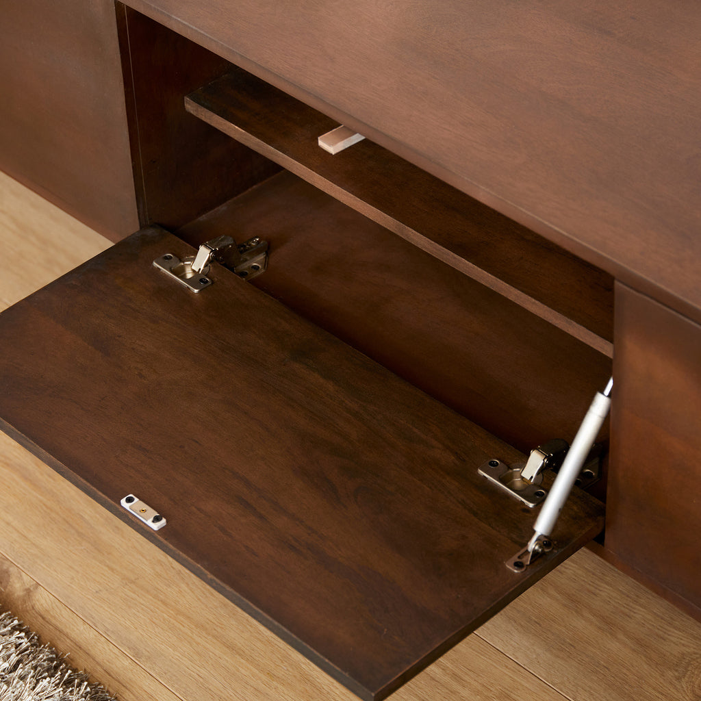 Schwebendes TV-Board Focus – Mangoholz Walnuss, Push-to-Open, 160 x 35 x 30 cm
