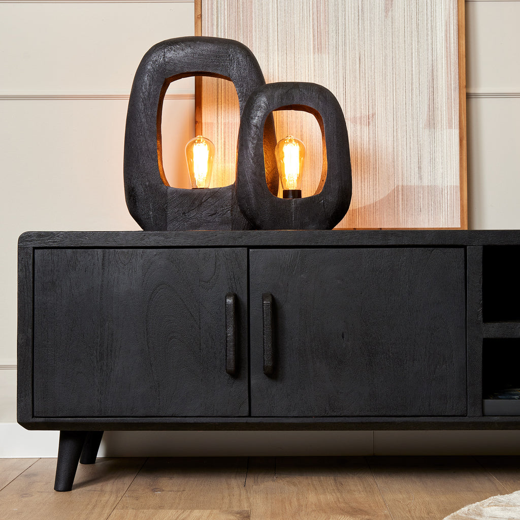 TV-Möbel Raven Schwarz – Mangoholz mit 3 Türen & 2 offenen Fächern, 240 x 45 x 50 cm