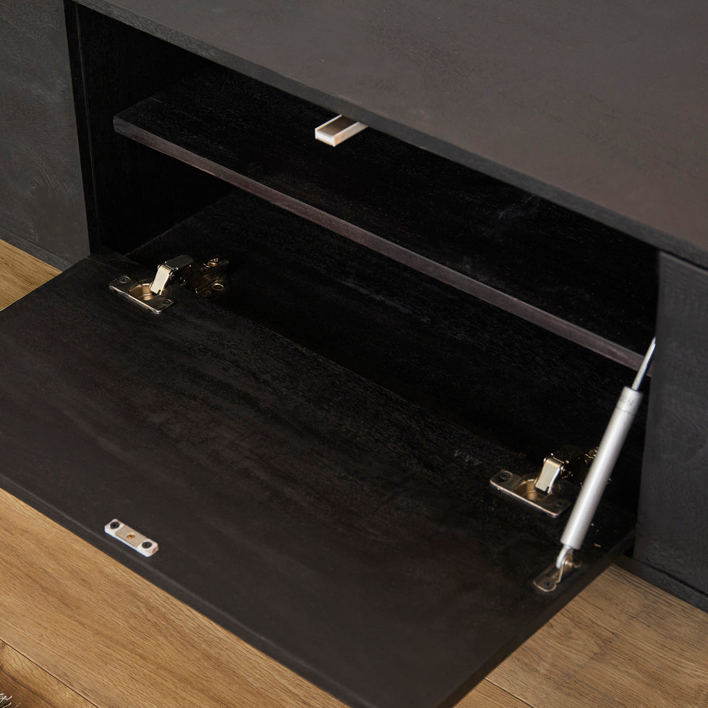 TV-Board Focus Schwarz – Schwebendes Lowboard aus Mangoholz mit Push-to-Open, 280 x 35 x 30 cm