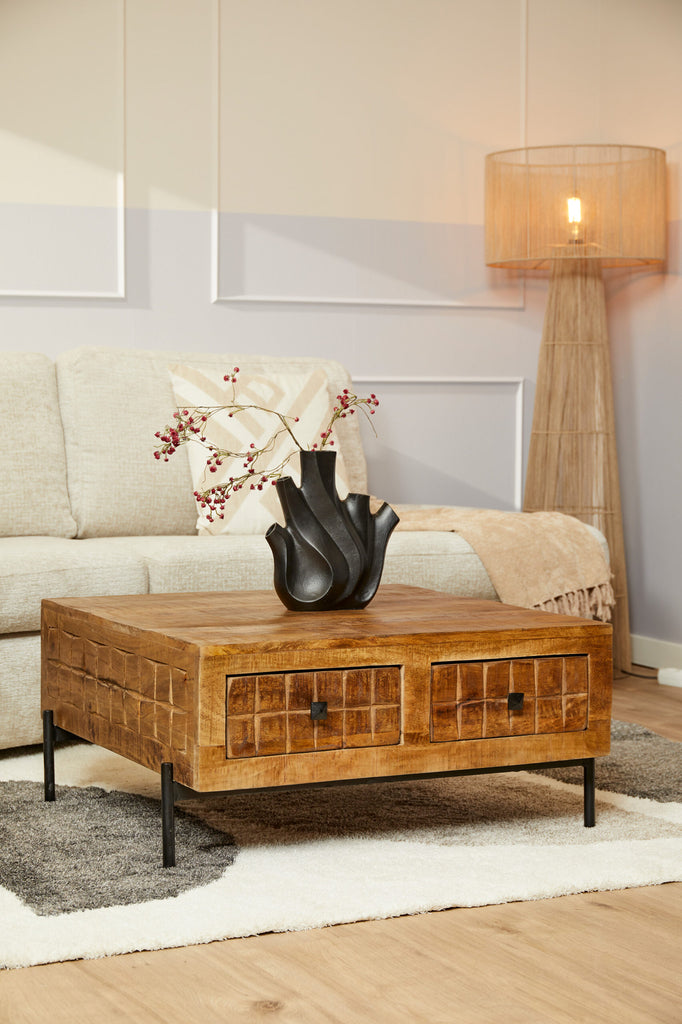 Couchtisch Jacky – Mangoholz, 4 Schubladen, 80 x 80 x 40 cm