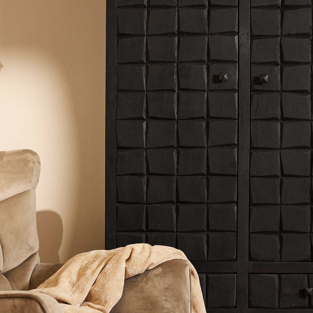 Schrank Jacky Schwarz – Mangoholz-Schrank mit 2 Türen & 4 Schubladen, 100 x 40 x 180 cm