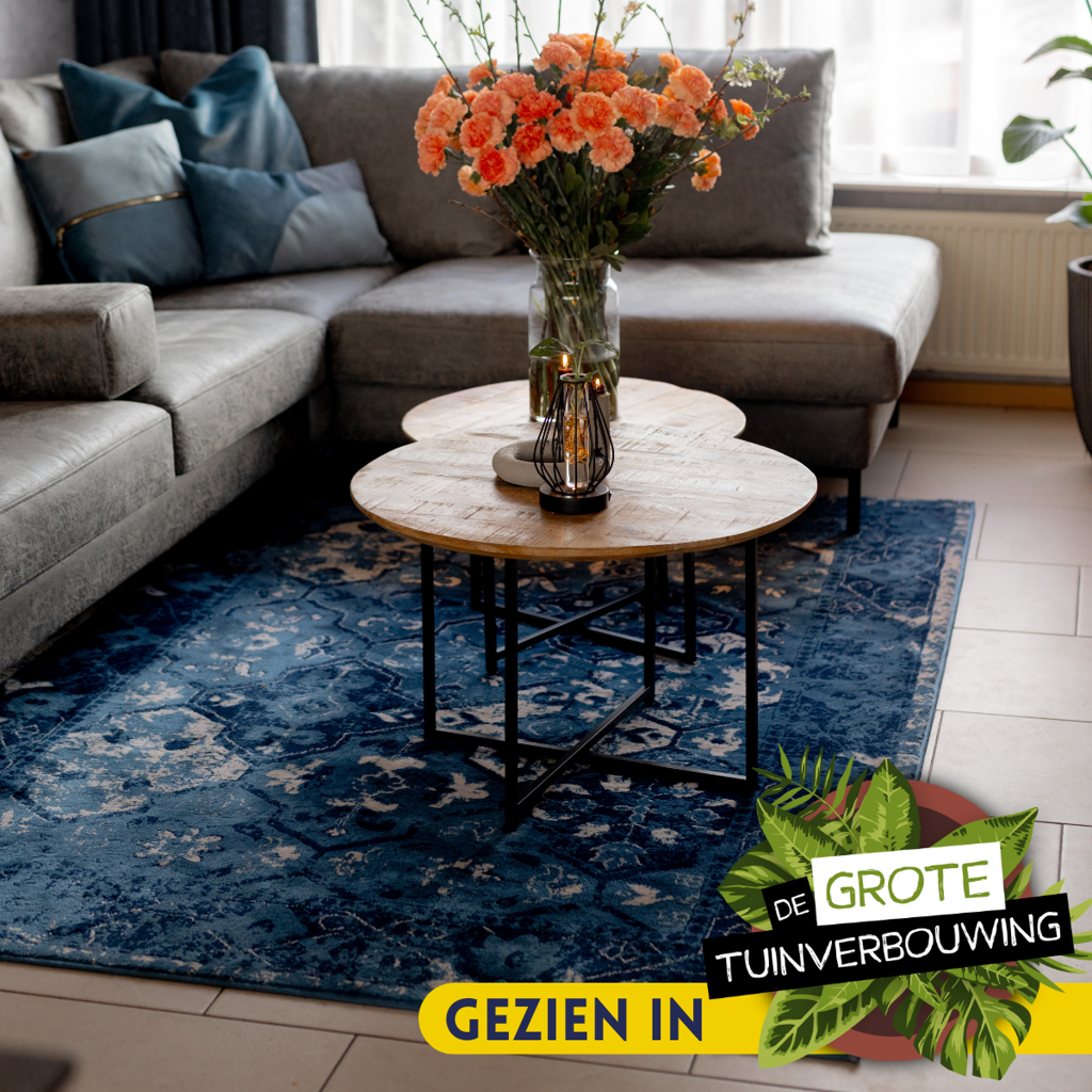 Couchtisch-Set Aloy – Mangoholz & schwarzes Metallgestell, 2er-Set, Ø70/60 x 45/40 cm, modernes Design