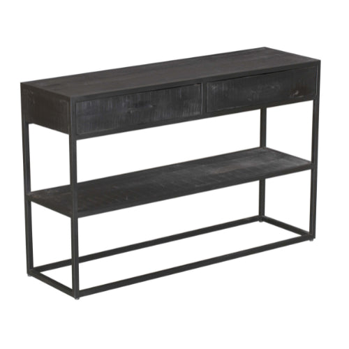 Konsolentisch Delta Schwarz – Tisch aus Mangoholz & Metall mit 2 Schubladen, Regalboden & schwarzen Griffen, 120 x 35 x 76 cm