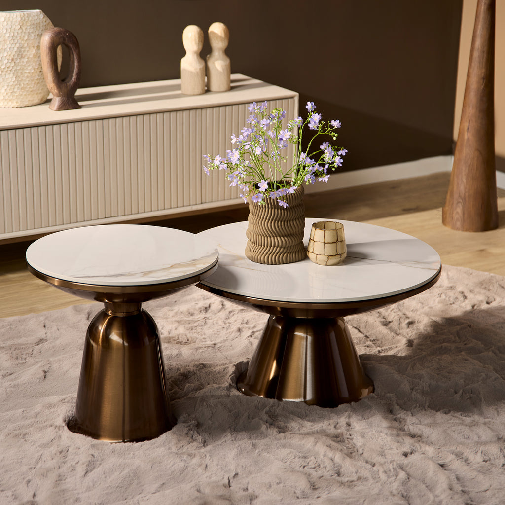 Couchtisch-Set Obelix – 2er-Set Wohnzimmertische mit Marmorplatte & goldfarbenen Metallbeinen, 75x75x41 cm & 50x50x49,5 cm