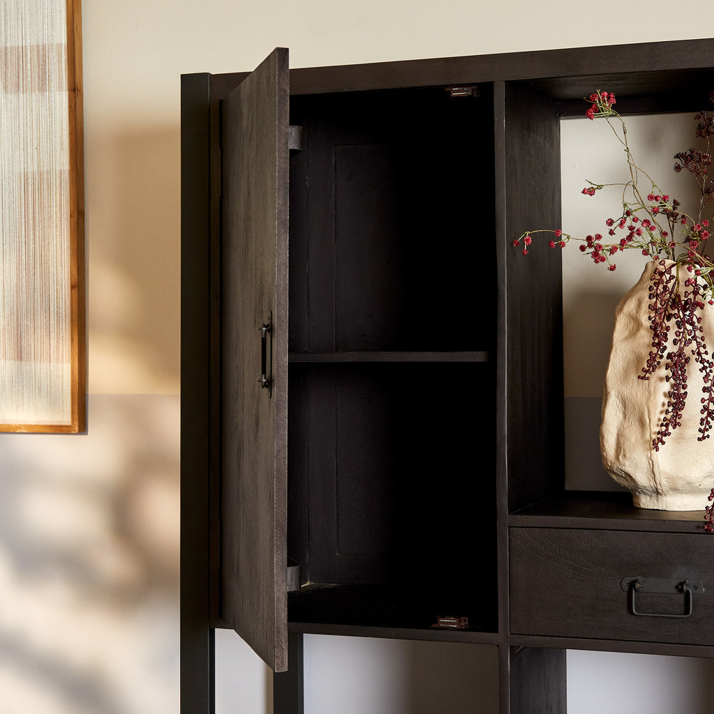 Bücherregal Bori Schwarz – Mangoholz, 4 Schubladen & Türen, 150 x 40 x 180 cm, modernes Stauraumwunder