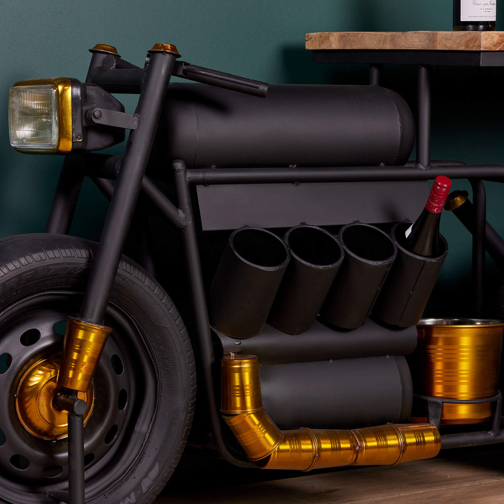 Barwagen Industrial Motorrad – Mangoholz & Metall, 175 x 43 x 84 cm