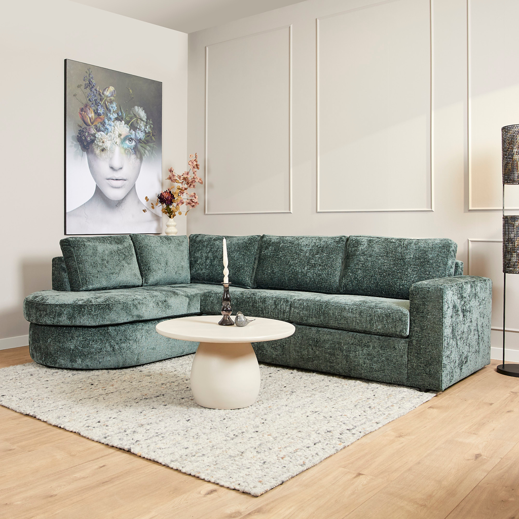 MeinLieblingsplatz Sofa Veronika – 2,5-Sitzer Couch mit Ottomane, Chenille Stoff Grün, 264 x 192 cm