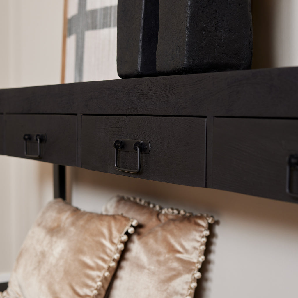 Sideboard Bori Black – Beistelltisch aus Mangoholz mit 4 Schubladen & schwarzen Metallakzenten, 180 x 35 x 76 cm