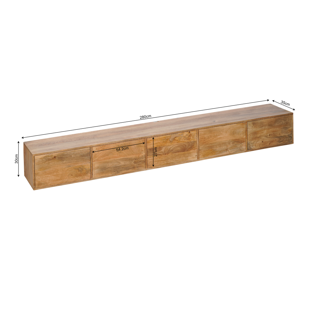 Schwebendes TV-Board Vision 280x35x30 cm – Massives Mangoholz mit Push-to-Open System & grifflosen Türen