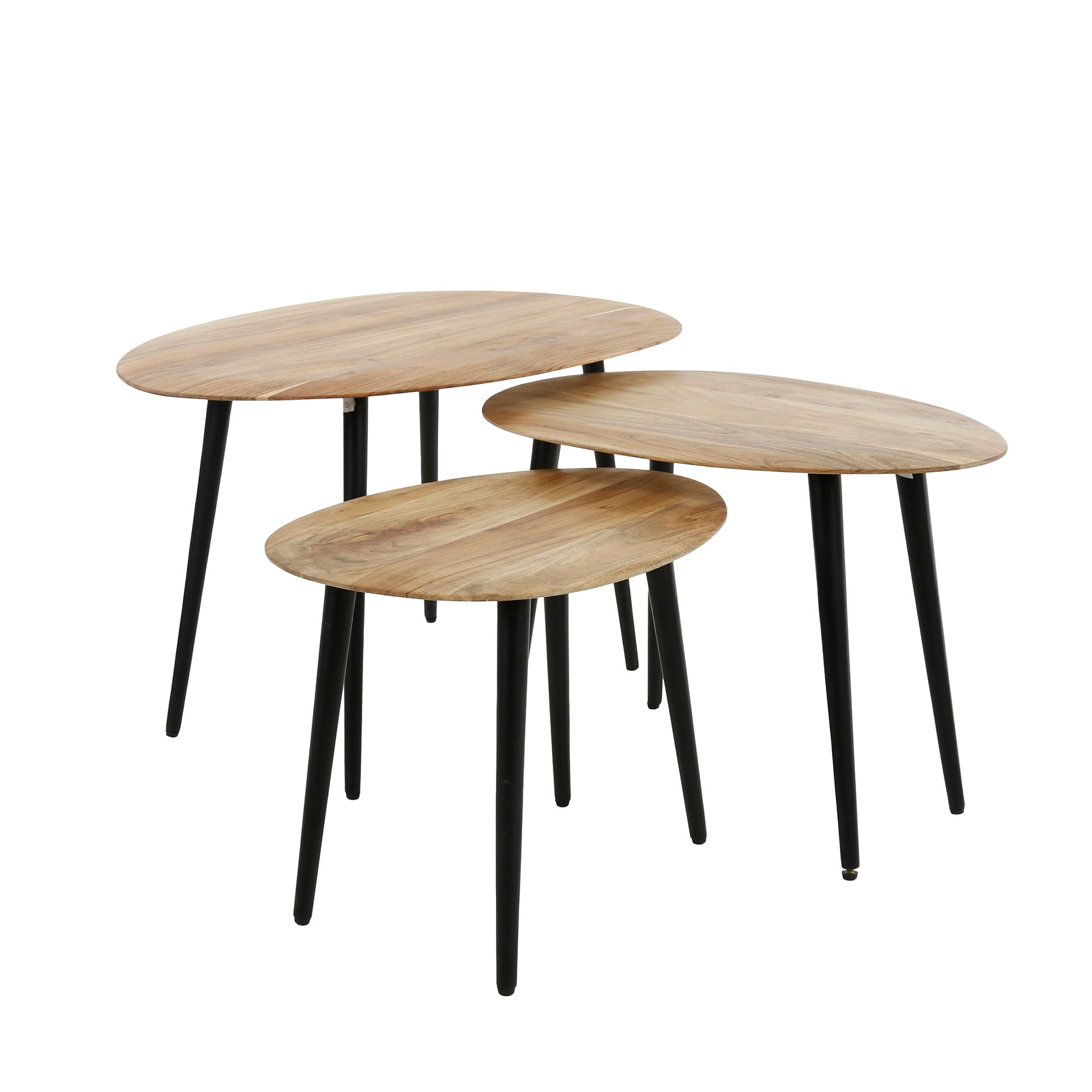 Couchtisch-Set Oliva 3er-Set – Organische Akazienholz-Tische mit Metallgestell 90x55x50 cm, 66x46x46 cm & 55x41x42 cm