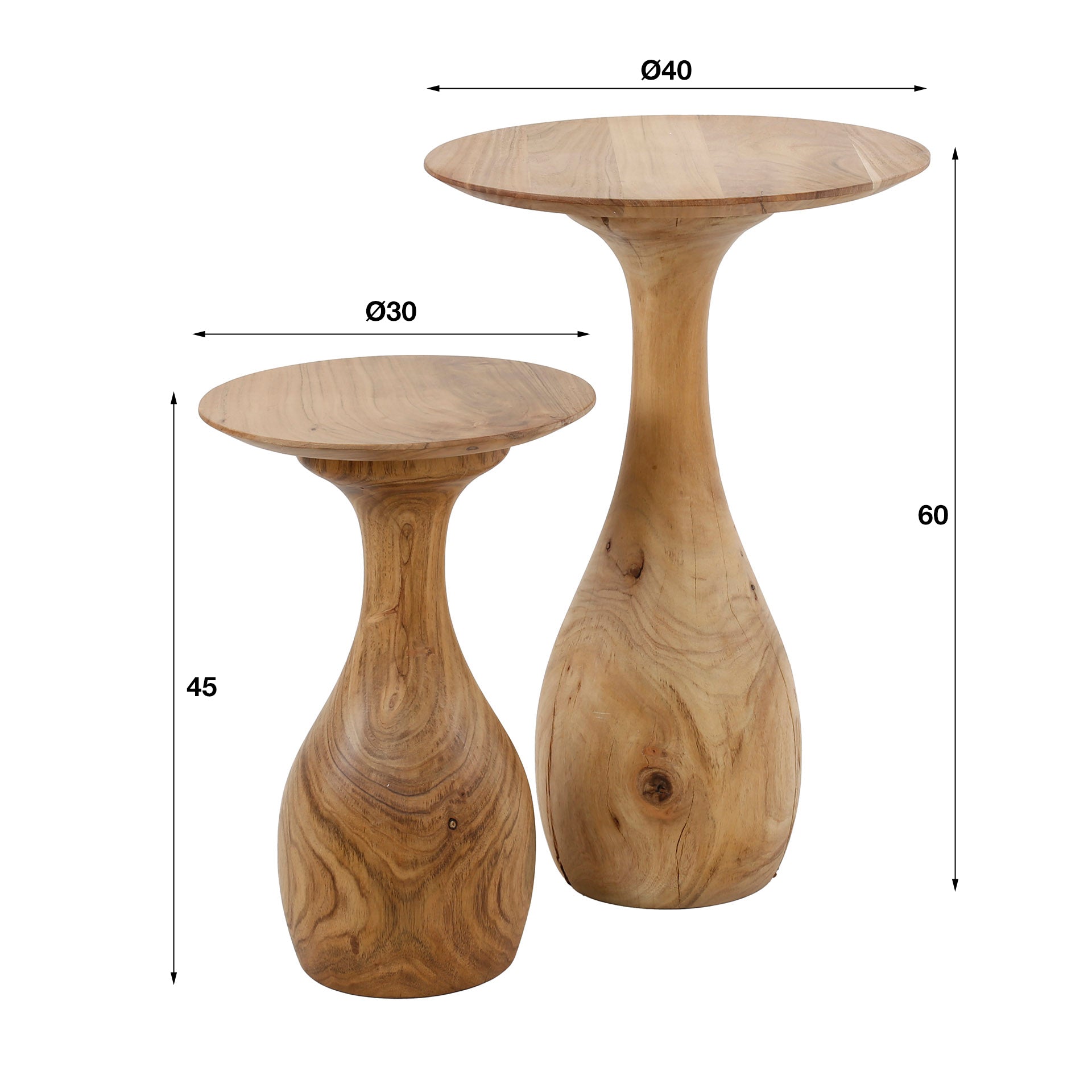 Beistelltisch-Set Lungo 2er-Set Ø40x60 cm & Ø30x45 cm – Massivholz-Tische aus Akazie mit Tropfenfuß