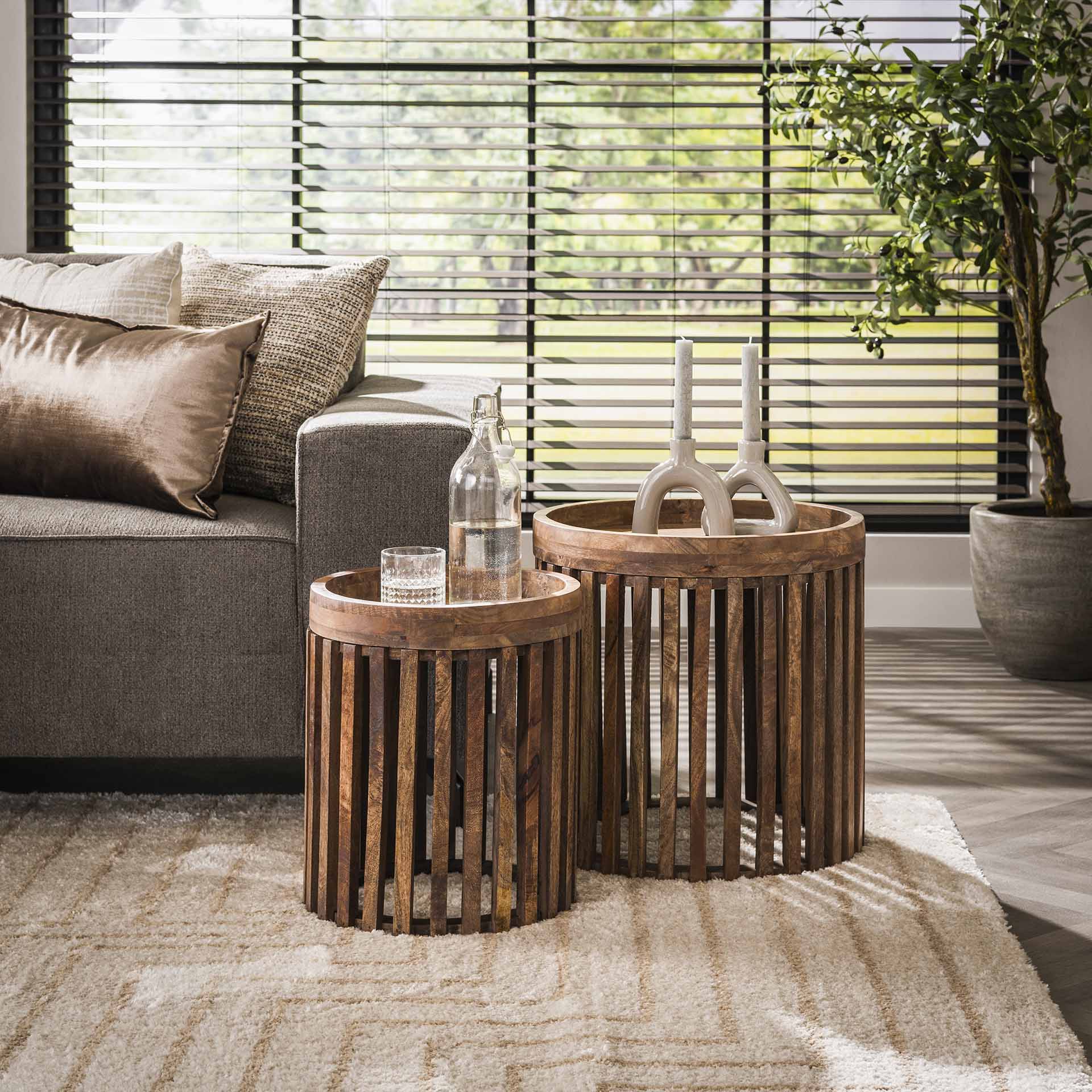 Beistelltisch 2er Set Rotondo – rundes Mangoholz-Design mit Stauraum, Ø45x45 cm & Ø34x40 cm