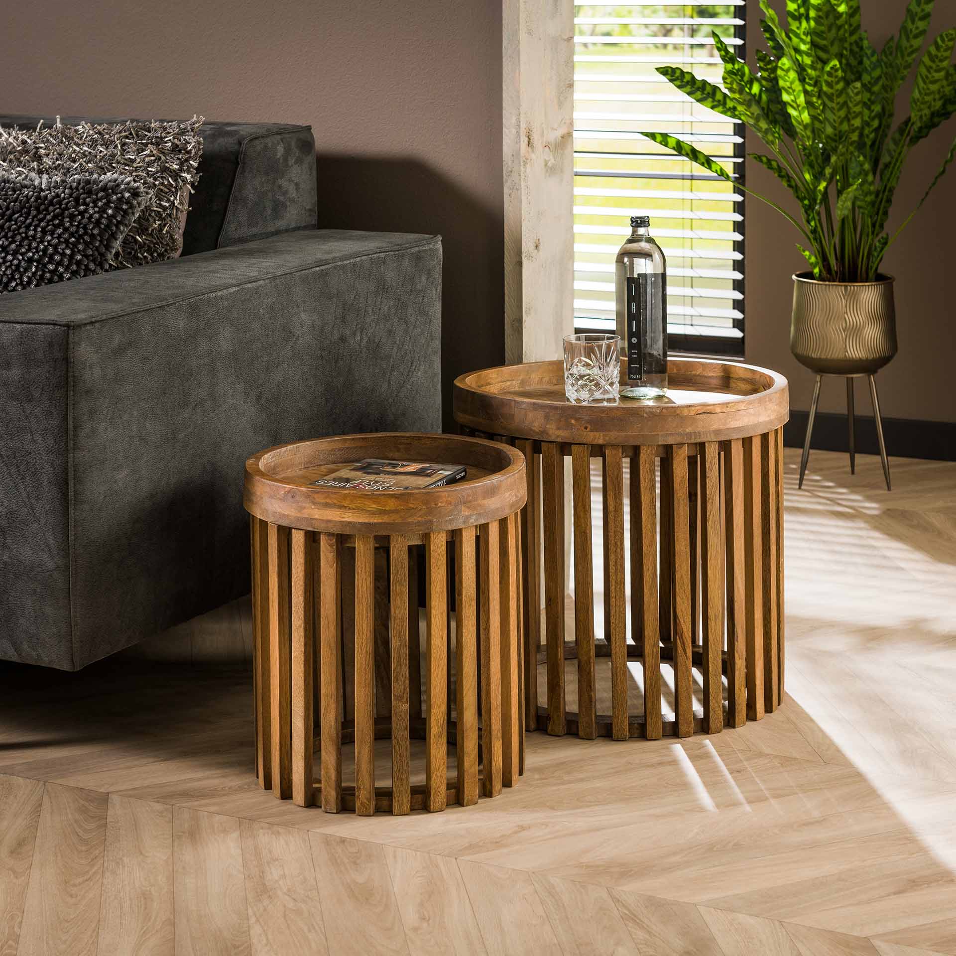 Beistelltisch 2er Set Rotondo – rundes Mangoholz-Design mit Stauraum, Ø45x45 cm & Ø34x40 cm