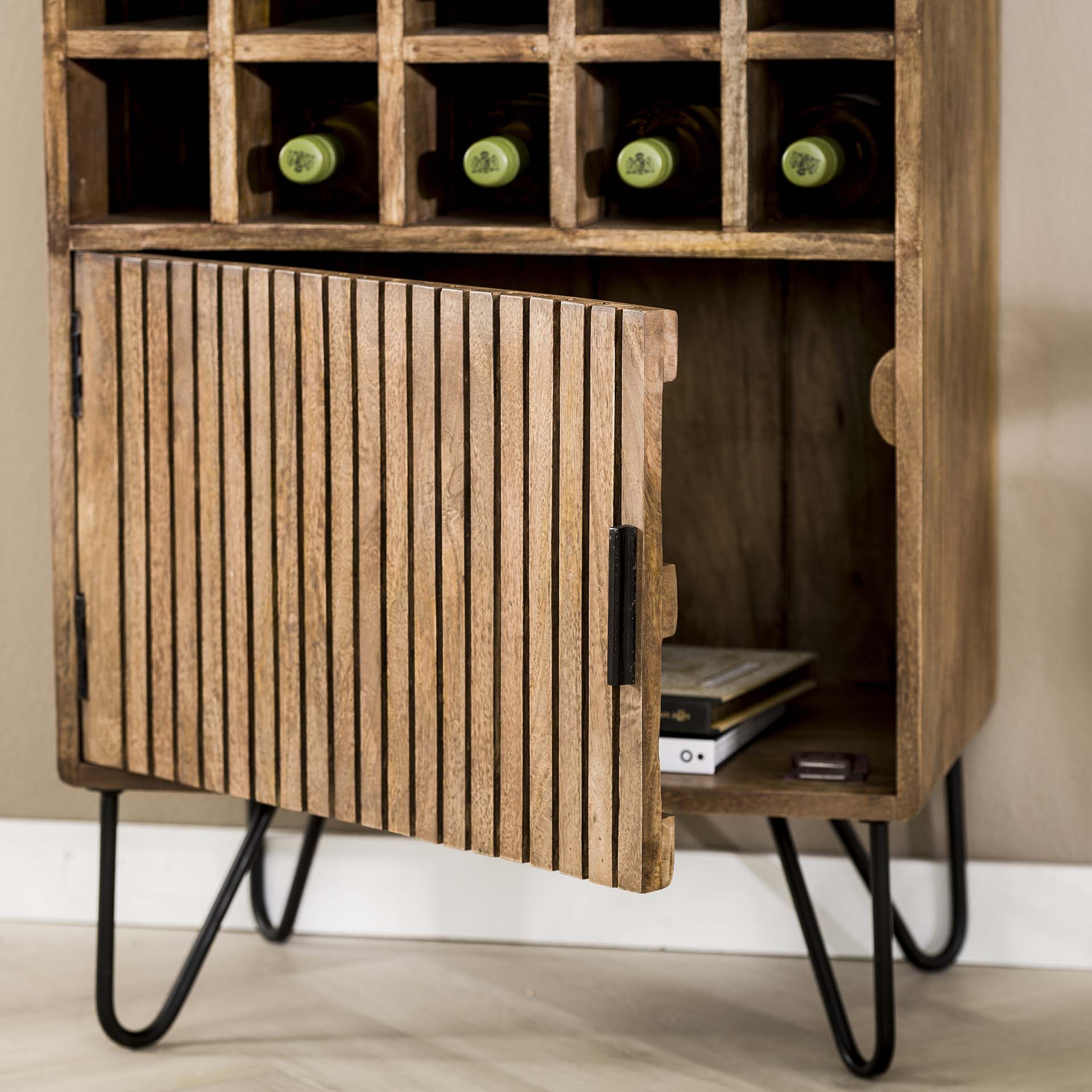 Weinschrank Rotondo – Mango Holz mit Lamellentür & 15 Flaschenfächern, 56x38x90 cm