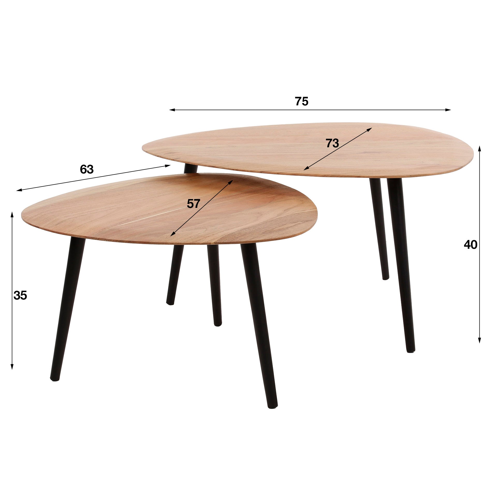 Couchtisch 2er Set Monte – organische Dreiecksform aus Akazienholz & Stahlbeinen, 75x73x40 cm & 63x57x35 cm