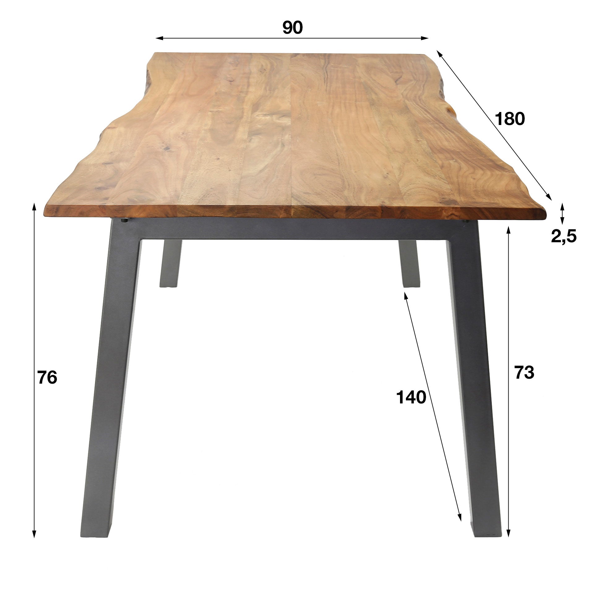 Esstisch Bordo 180x90x76 cm – Akazienholz mit Baumkante & Stahlgestell