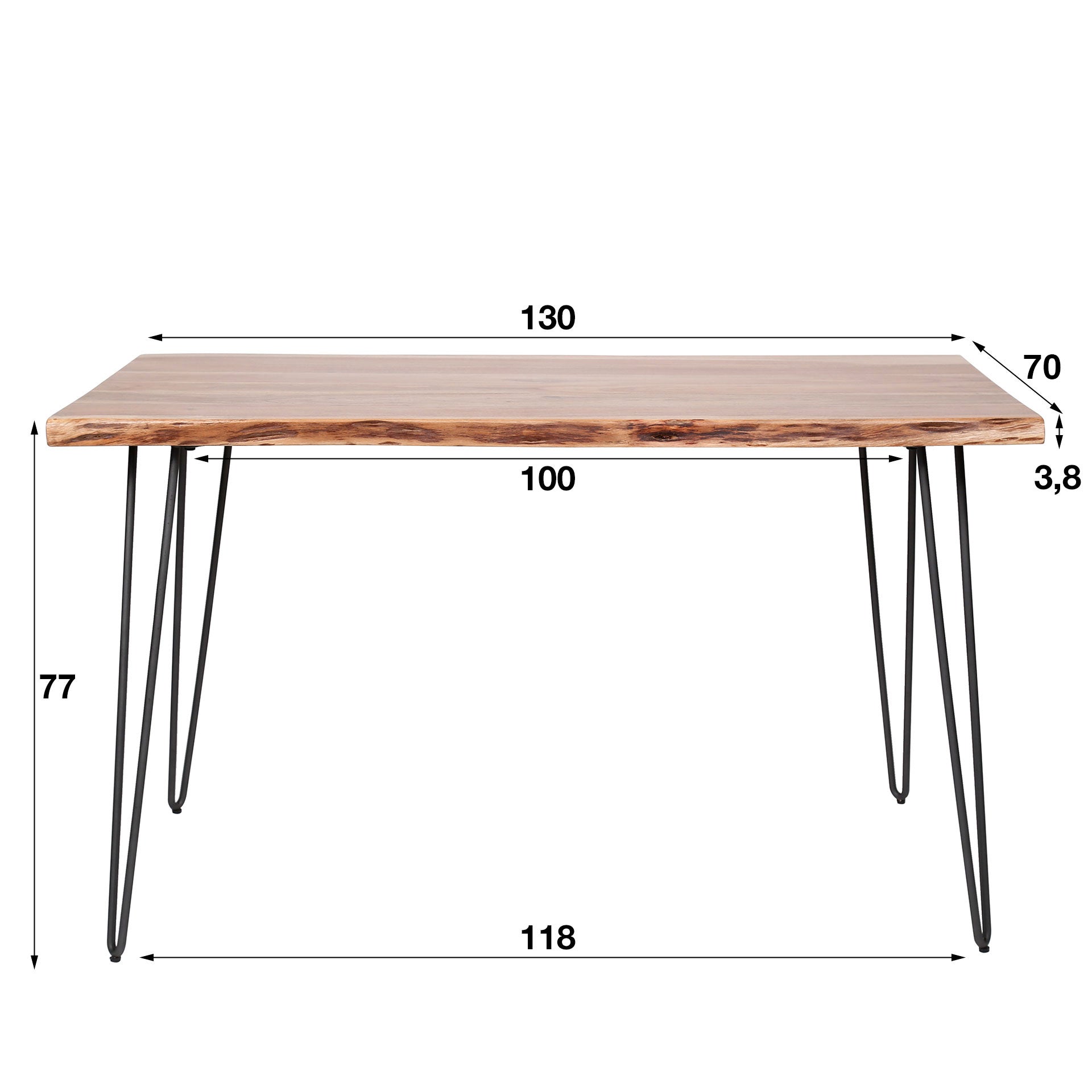 Esstisch Albero 130x70x77 cm – Akazienholz mit Baumkante & pulverbeschichtetem Stahlgestell