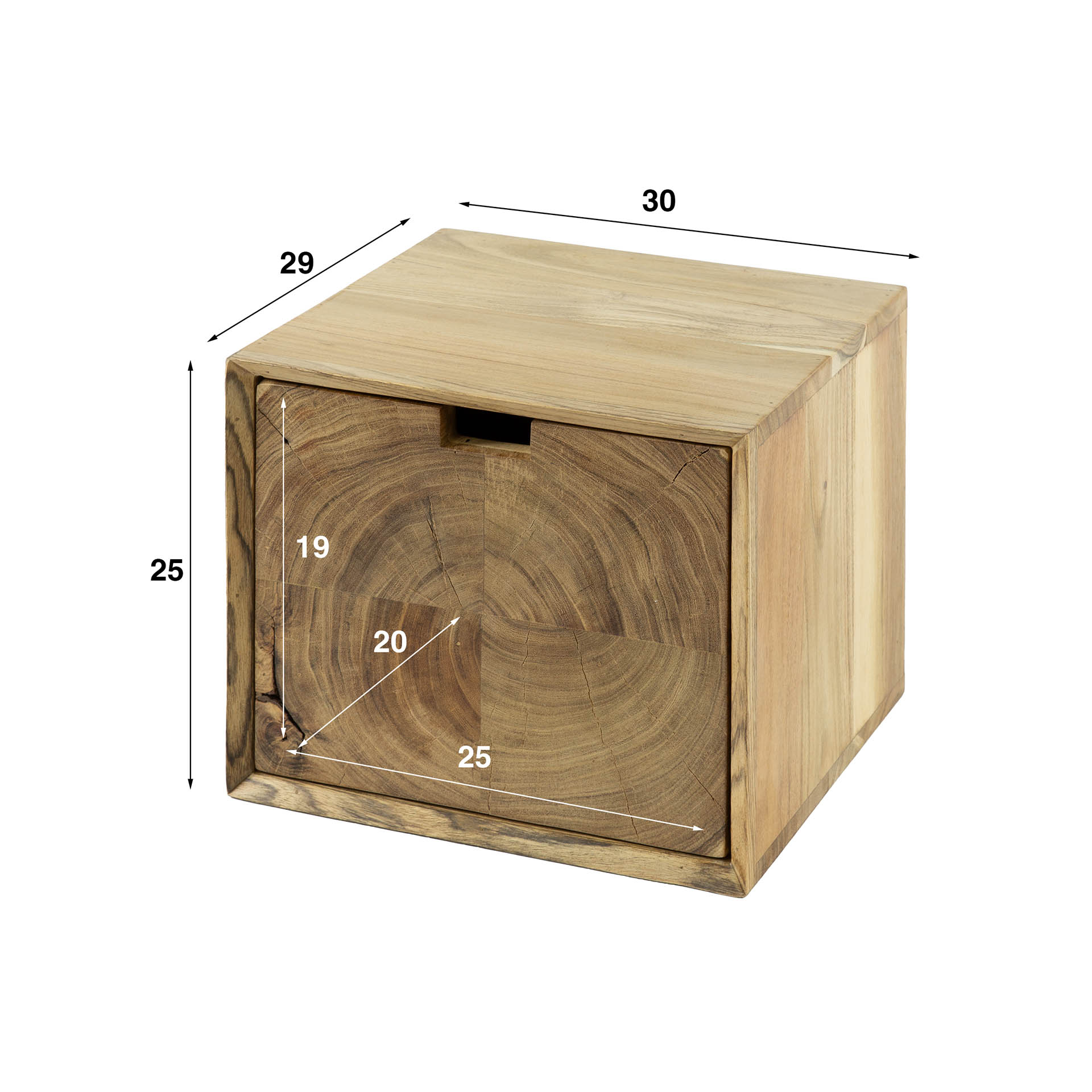 Schwebender Nachttisch Liora – Akazienholz mit Baumquerschnitt-Front, 30 x 29 x 25 cm