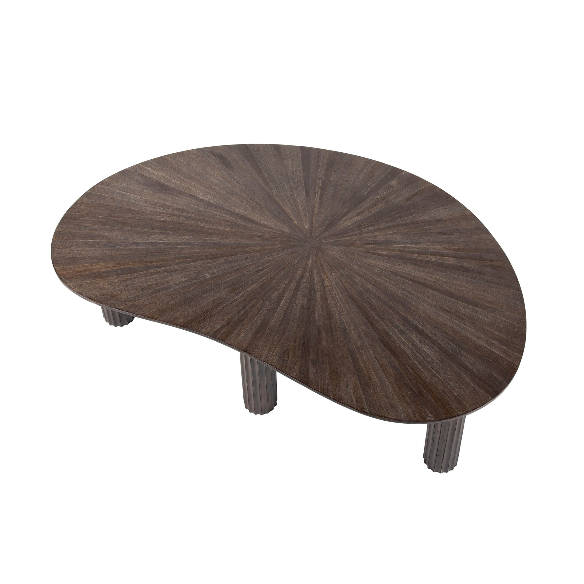 Couchtisch Tevara 110 x 68 x 36 cm – nierenförmiger Tisch aus massivem Teakholz mit Wellenmuster & dunkelbraunem Finish