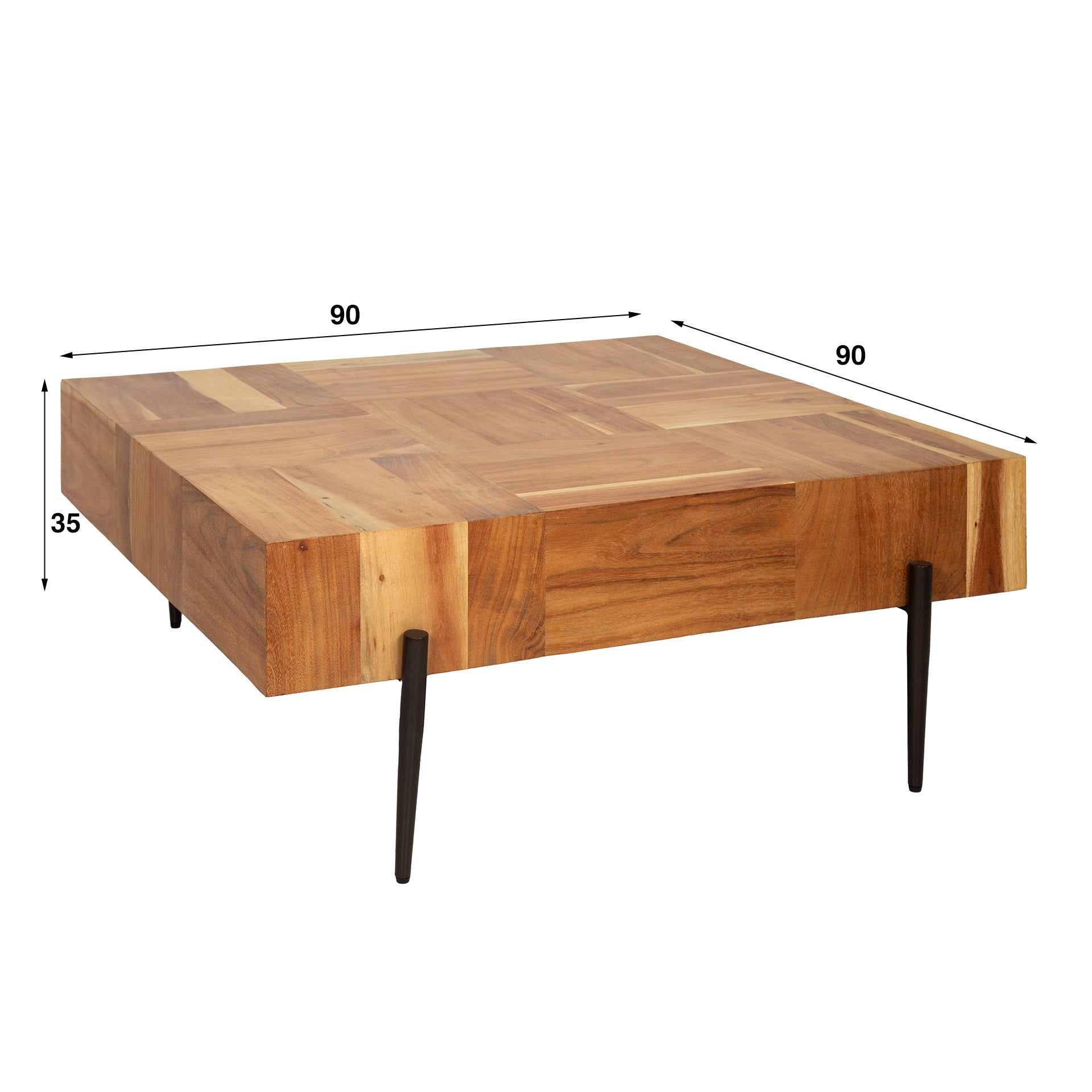 Couchtisch Arcello 90 x 90 x 35 cm – quadratischer Wohnzimmertisch aus Akazienholz mit gebogenen Kanten, handgefertigt