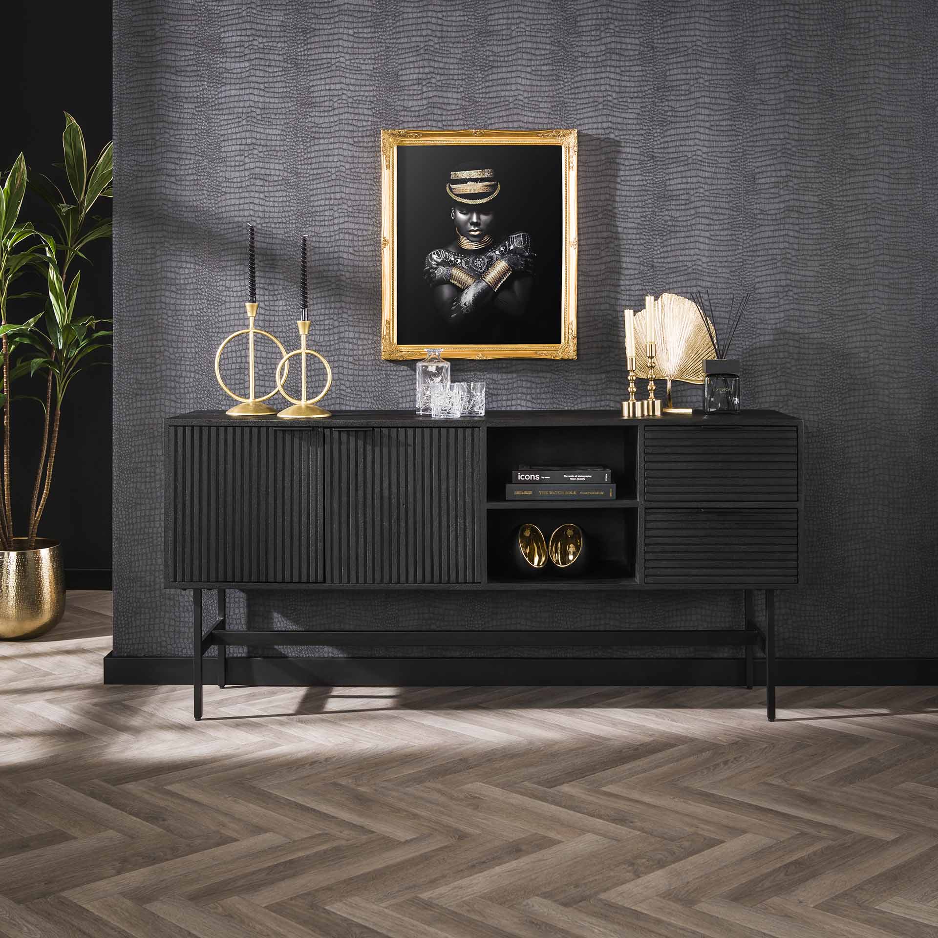 Sideboard & Kommode Nerano – Mangoholz Schwarz mit sichtbarer Maserung, 2 Türen, 2 Schubladen, offenes Fach, 170 x 40 x 81 cm