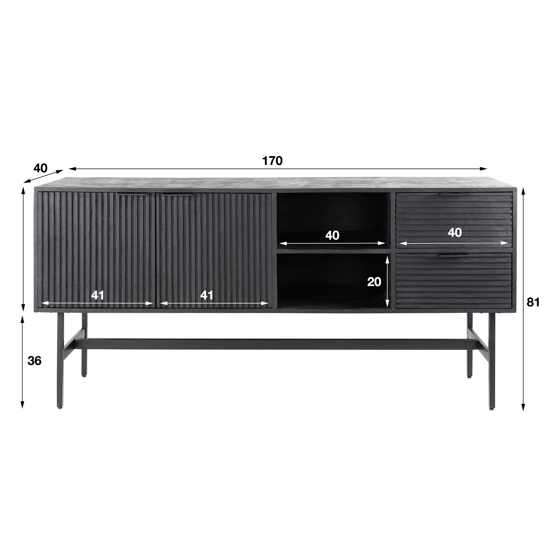 Sideboard & Kommode Nerano – Mangoholz Schwarz mit sichtbarer Maserung, 2 Türen, 2 Schubladen, offenes Fach, 170 x 40 x 81 cm