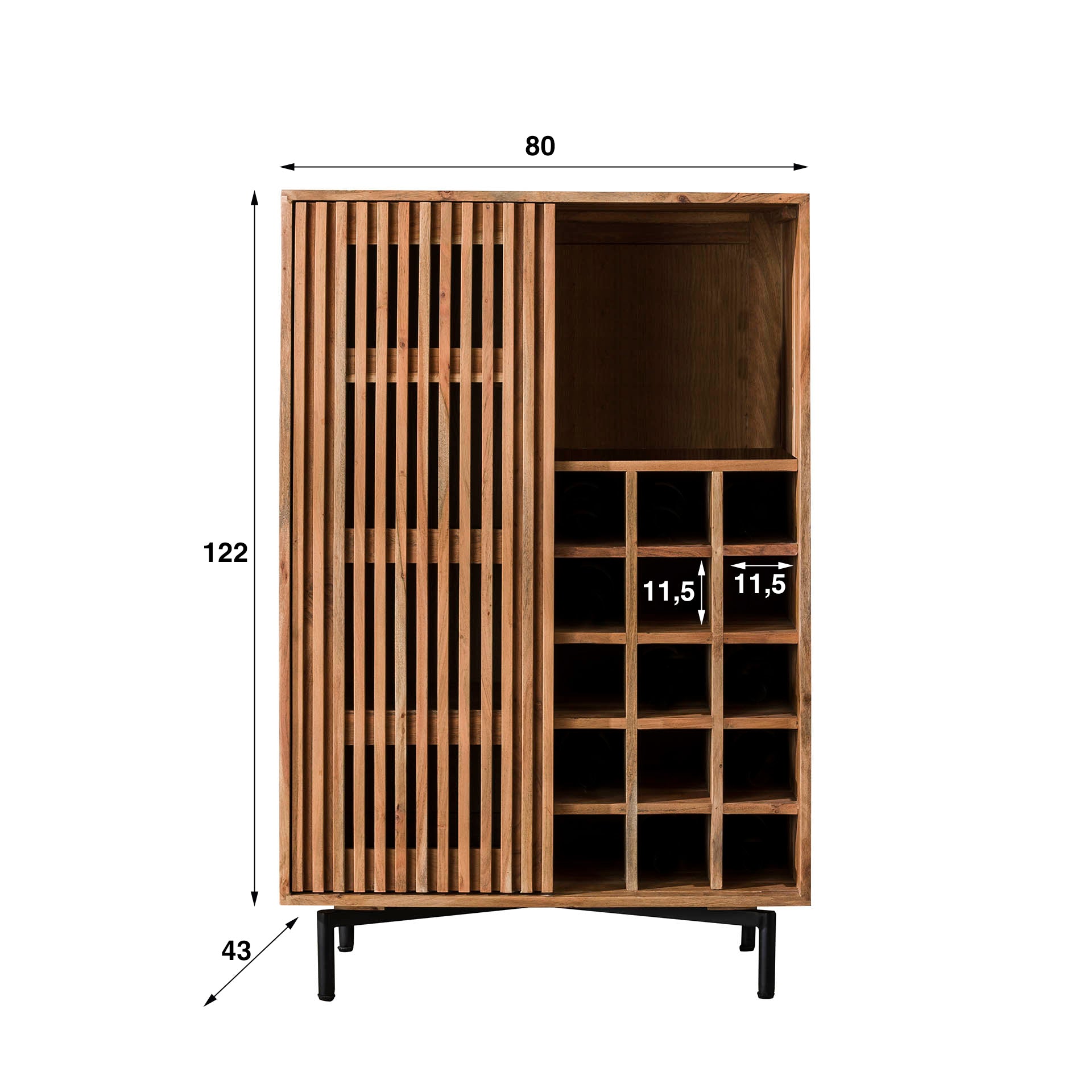 Weinschrank Lamorra 80x43x122 cm – Akazienholz mit Lamellen-Schiebetür, 15 Flaschenfächer & Stauraumregale