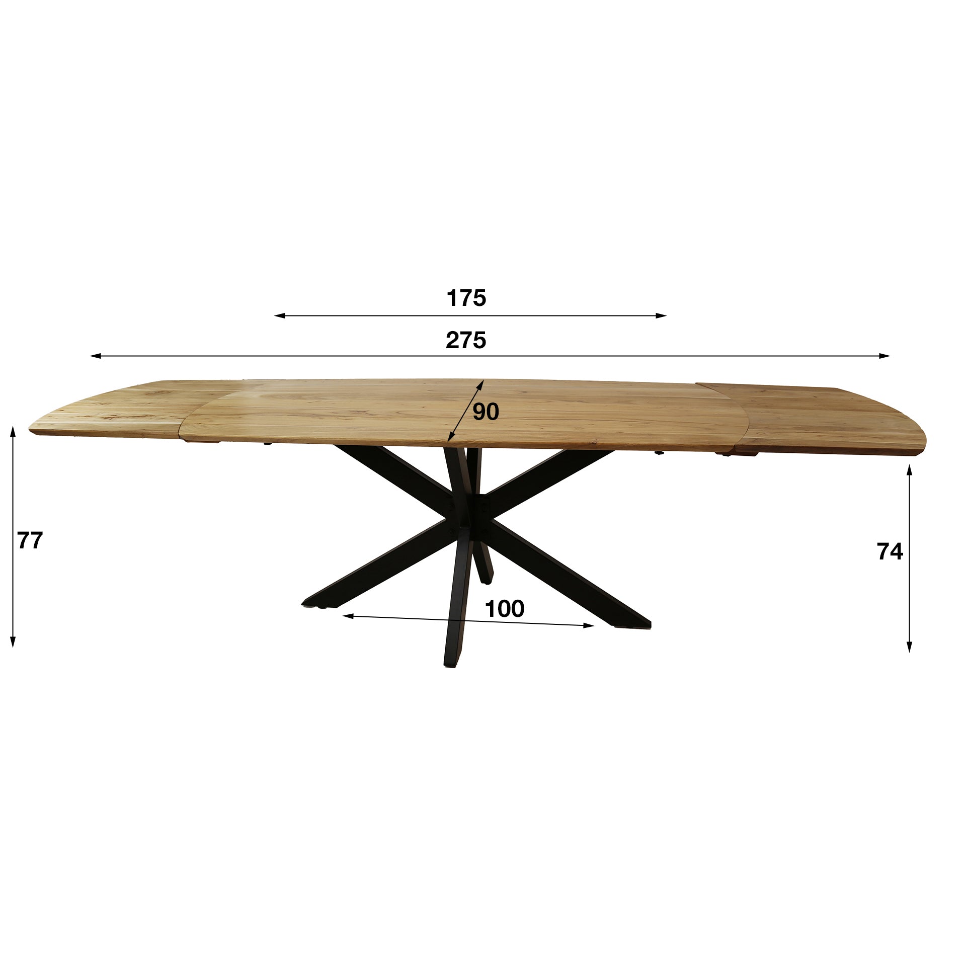 Ausziehbarer Esstisch Extendio 175–275 x 90 cm – Tisch aus massivem Akazienholz mit Spinnengestell aus Metall, natur lackiert