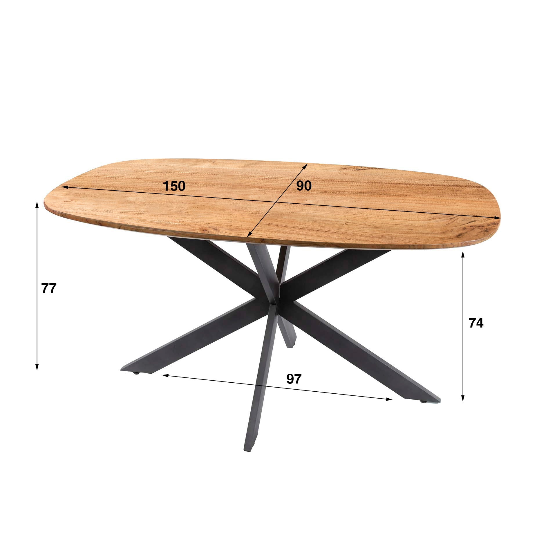 Esstisch Norvan 150 x 90 cm – ovaler Tisch aus massivem Akazienholz mit schwarzem Spinnengestell, natur lackiert
