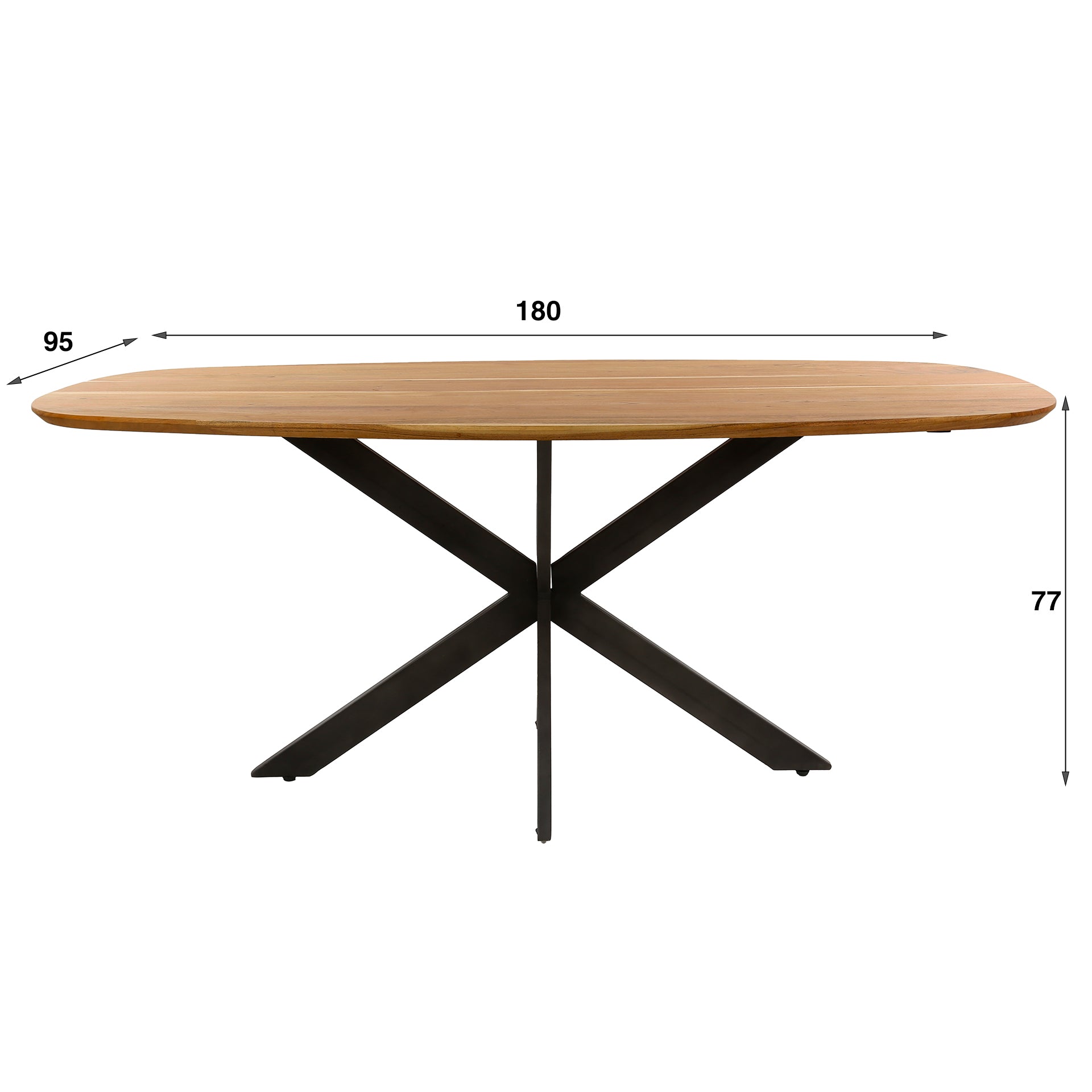 Esstisch Norvan 180x95 cm – ovaler Tisch aus massivem Akazienholz mit schwarzem Spinnengestell, natur lackiert
