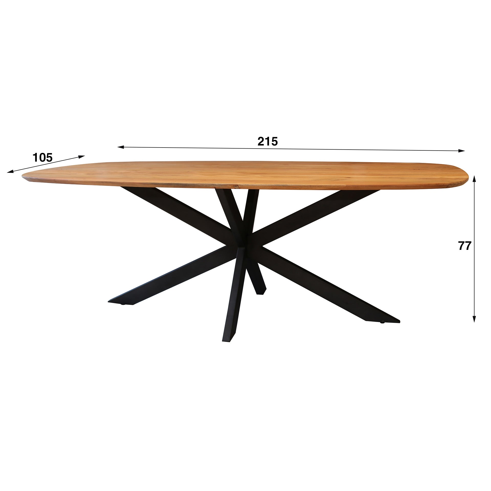 Esstisch Norvan 215x105 cm – ovaler Tisch aus massivem Akazienholz mit Spinnengestell aus Metall, natur lackiert