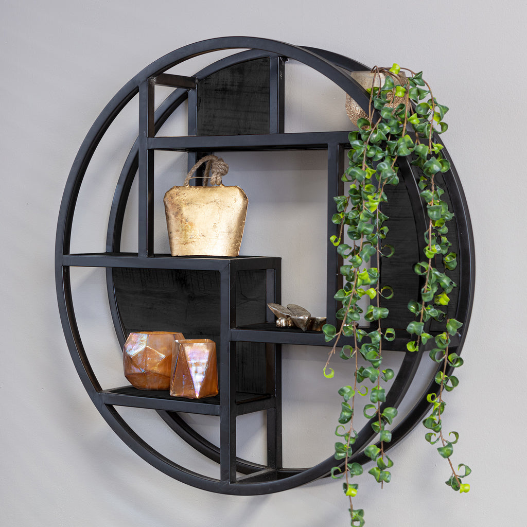 Wandregal Sydney – Rundes Regal aus sandgestrahltem Mangoholz & schwarzem Metallrahmen, Ø75 x 16 cm