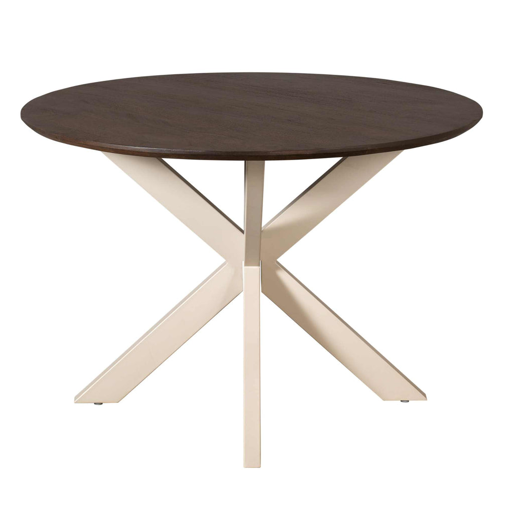 Esstisch Mandy Braun rund Ø110 cm – Mangoholz Tischplatte & sandfarbenes Metallgestell, modern & elegant, 76 cm Höhe