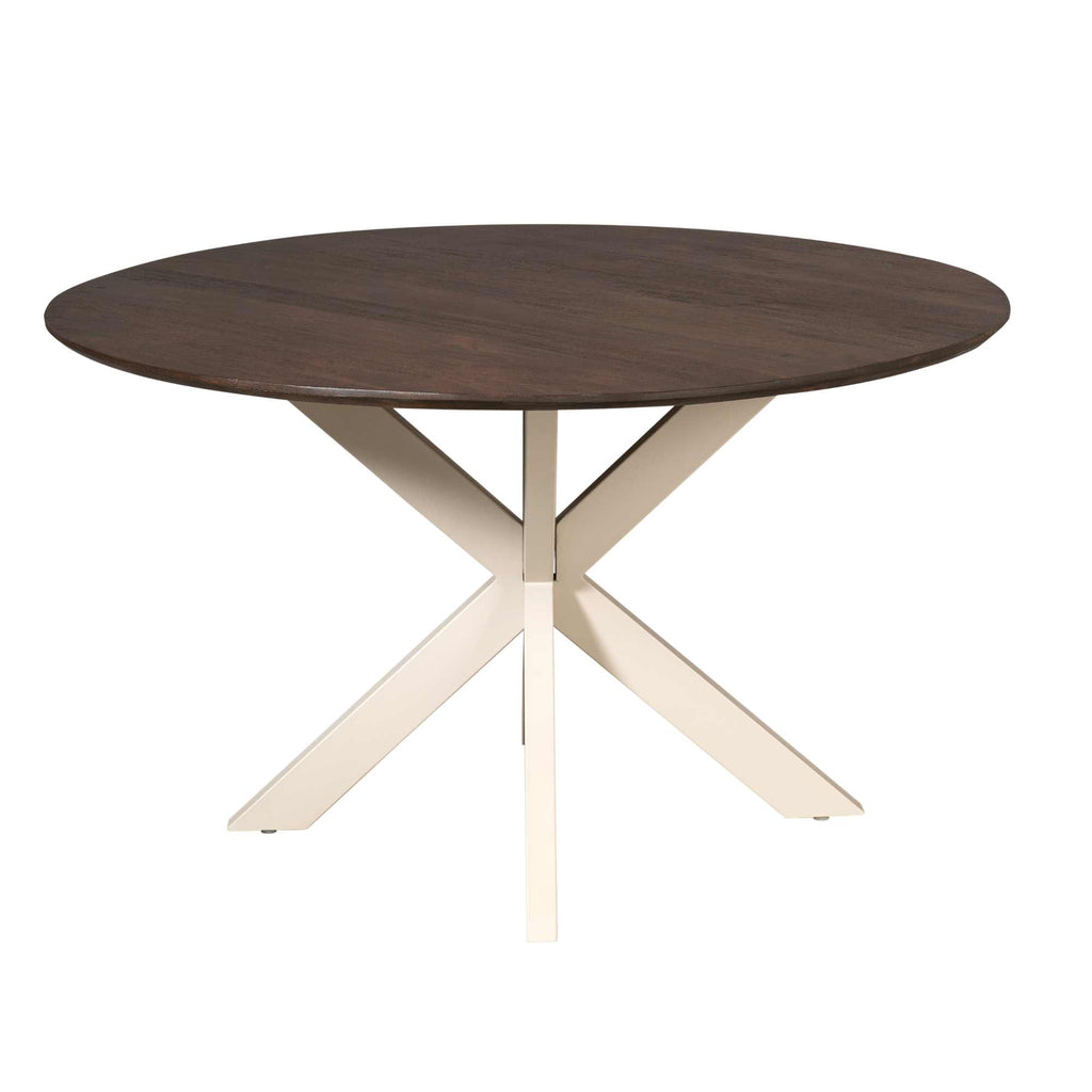 Esstisch Mandy Braun – Runder Tisch aus Mangoholz mit sandfarbenem Metallgestell, Ø150 x 76 cm